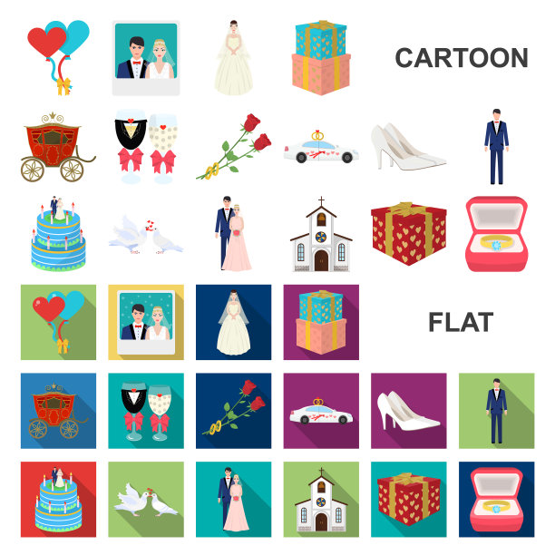婚礼和属性卡通图标设置图片下载