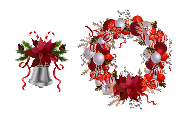 带彩带、球和蝴蝶结的圣诞花环图片下载