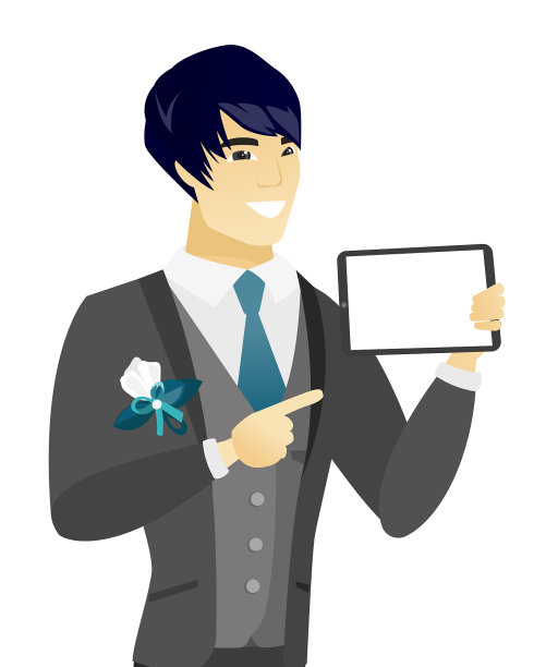 年轻的亚洲新郎手持平板电脑图片下载