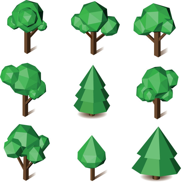 低多边形绿色三角形像素树集图片下载