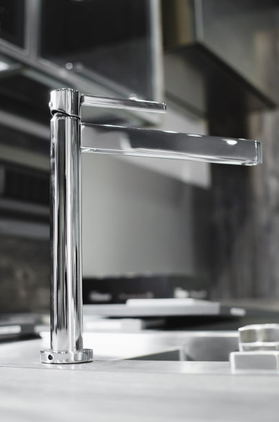 新的水龙头和不锈钢水槽。现代舒适的厨房。垂直的照片。图片下载