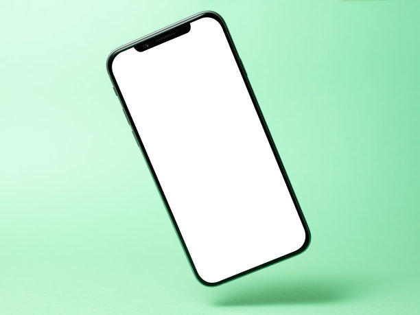 智能手机模型，手机空白屏幕和阴影隔离在绿色背景。象征轻盈、清新、清新。复制空间，现代技术，社交网络和应用图片下载