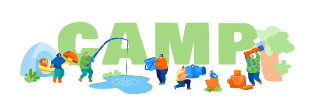 人们露营爱好，业余时间的概念。男性和女性角色休息在自然钓鱼，拍照，捡蘑菇，砍树林海报横幅传单。卡通矢量图图片下载