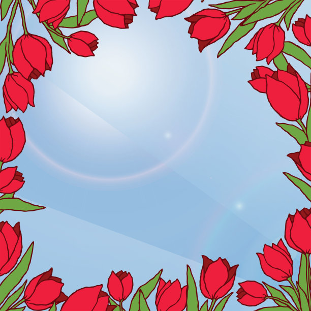 春季卡片与浅蓝色的背景和框架的红色郁金香在天真的卡通风格。孤立的矢量图素材图片