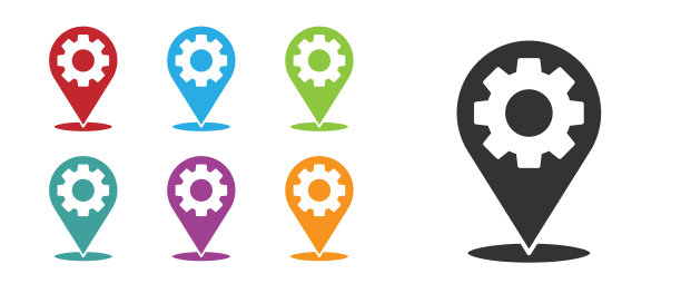 黑色位置，齿轮图标隔离在白色背景上。设置图标丰富多彩。矢量图图片下载