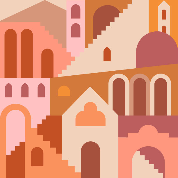 当代美学背景与平面几何建筑，摩洛哥楼梯，墙壁，拱门，弧形。放荡不羁的风格。中世纪现代抽象版画。泥土色调，赤土色。无缝模式。图片下载