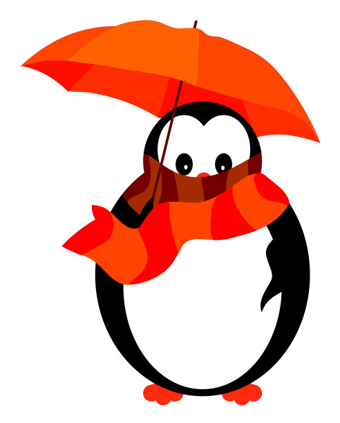可爱的企鹅穿着橙色的冬装，带着雨伞图片下载