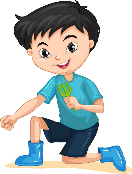 带着园艺叉的男孩在孤立的背景下图片下载