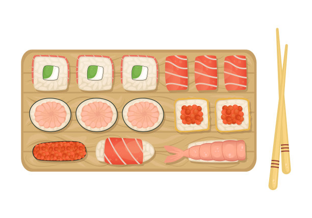 一套寿司和卷在木板上。日本的食物。平的插图。图片下载