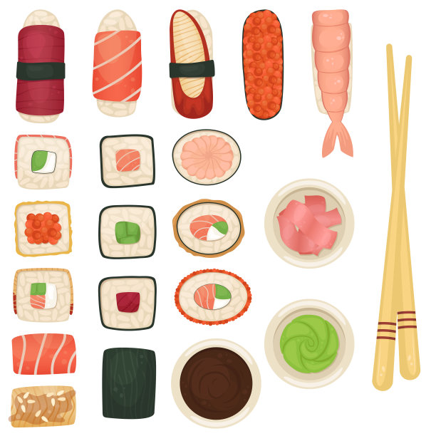 一套寿司和卷酱油，芥末和生姜。日本的食物。平的插图。图片下载