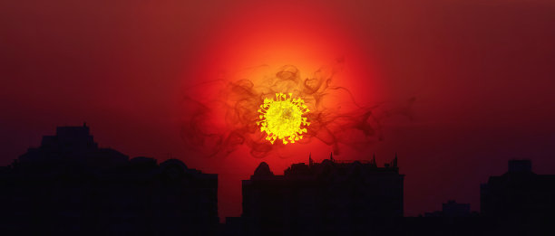 冠状病毒的概念视图与莫斯科大城市景观的戏剧性日落图片下载