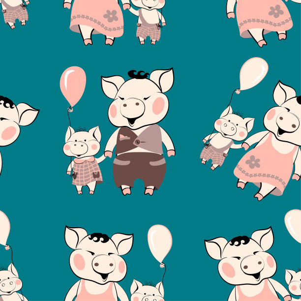 矢量无缝图案卡通人物小猪妈妈和小猪儿子快乐的爸爸和女儿，手牵着手抱着小猪抱着球。设计儿童针织品、纺织品、壁纸。图片下载