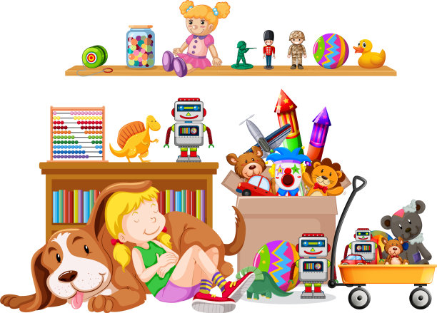 书架上满书和玩具的白色背景图片下载