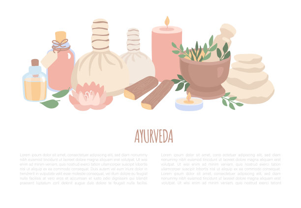 矢量插图阿育吠陀按摩。现代扁平风格中的阿育吠陀元素。健康和水疗概念。图片下载