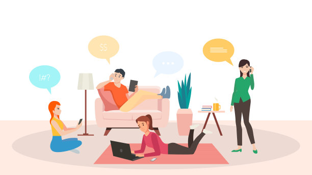 在冠状病毒大流行检疫期间，一群人在客厅用平板图标设计谈论智能手机和使用笔记本电脑工作图片下载