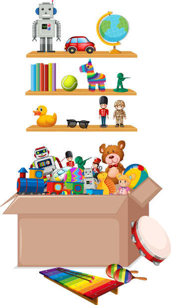 架子和箱子上的玩具在白色的背景图片下载