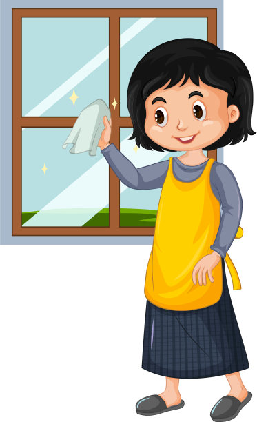 快乐的女孩在白色背景上清洁窗户图片下载