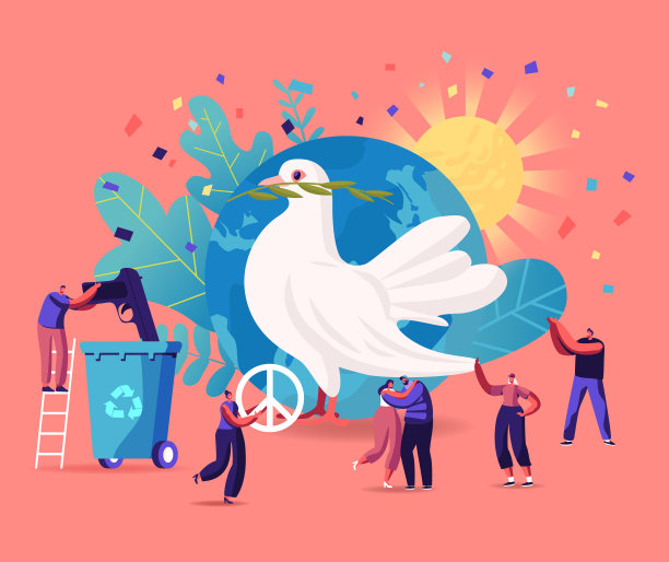 国际和平日的概念。小小的男女角色拥抱，把枪扔到地球周围的垃圾箱里，巨大的鸽子拿着树叶树枝。卡通人物矢量插图图片下载