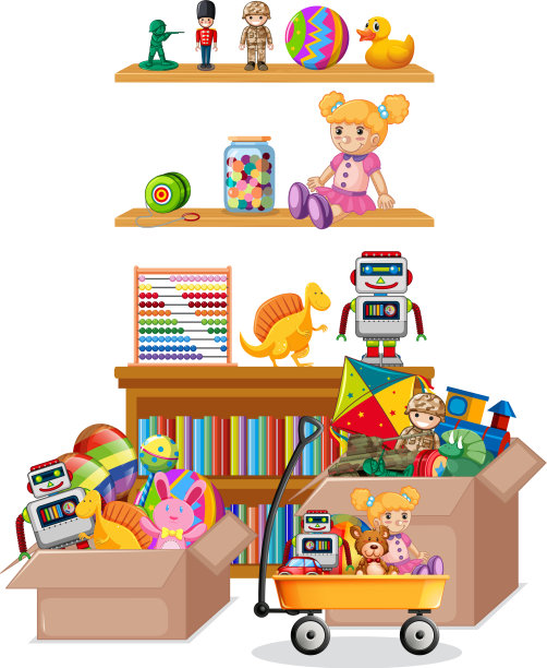 书架上满书和玩具的白色背景图片下载