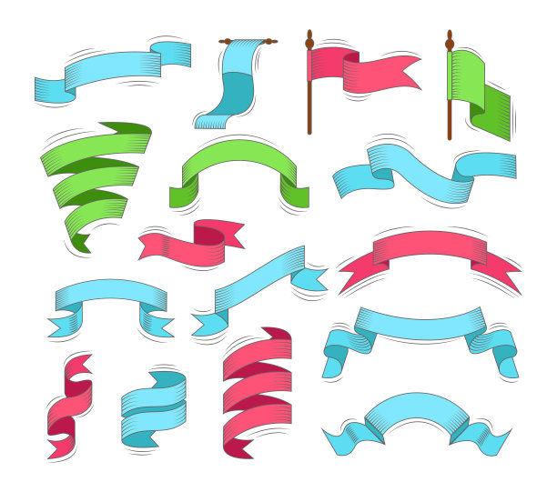 五颜六色的旗帜，卷曲的丝带，横幅，各种形状和弯曲。图片下载