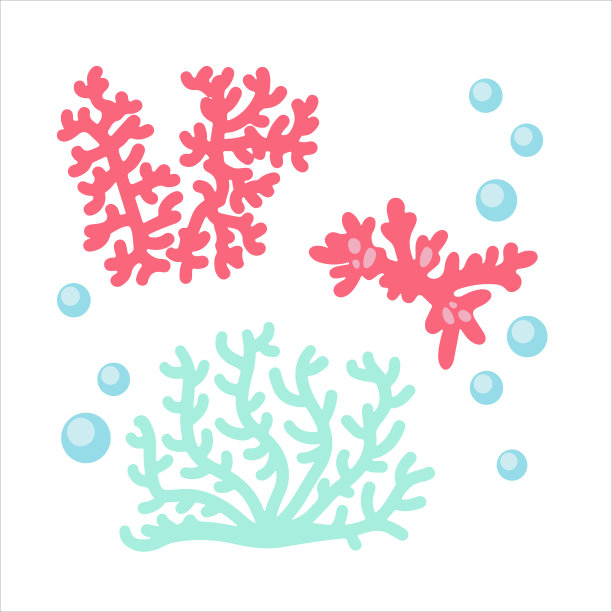 矢量设置插图的彩色海珊瑚，泡沫和海藻孤立在白色的背景。图片下载