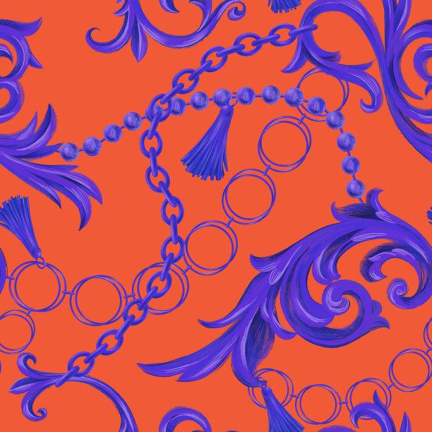时尚无缝图案搭配链条、配饰、珠宝及巴洛克洛可可式边框元素。图片下载