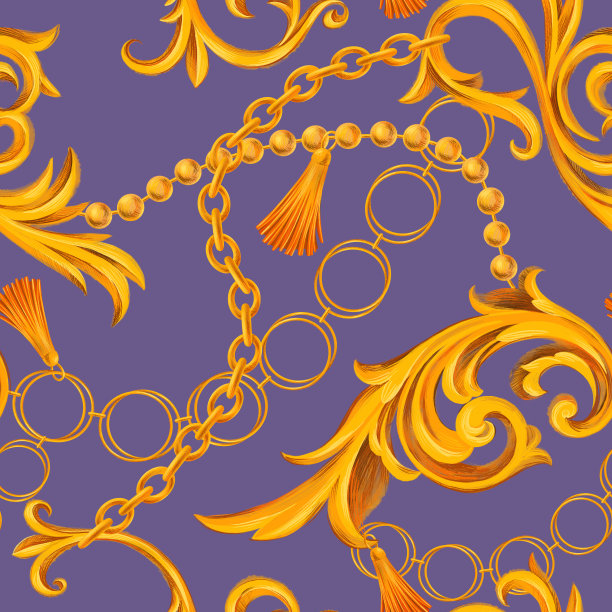 时尚无缝图案搭配链条、配饰、珠宝及巴洛克洛可可式边框元素。图片下载