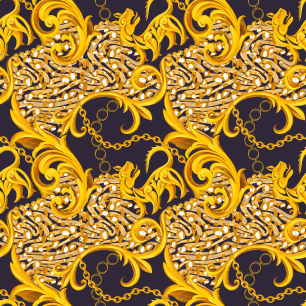时尚无缝图案与巴洛克洛可可边框元素与动物皮纹纹理混合图片下载