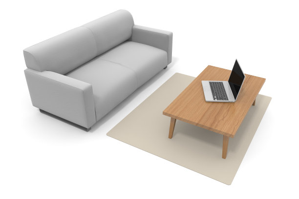 笔记本电脑在桌上。客厅里有一个大沙发。三维渲染图片下载