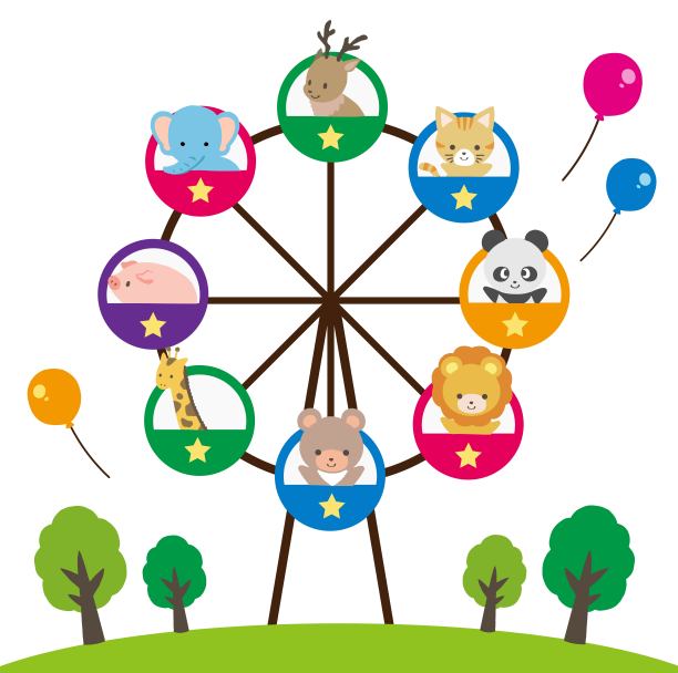 可爱的动物骑摩天轮的插图材料图片下载