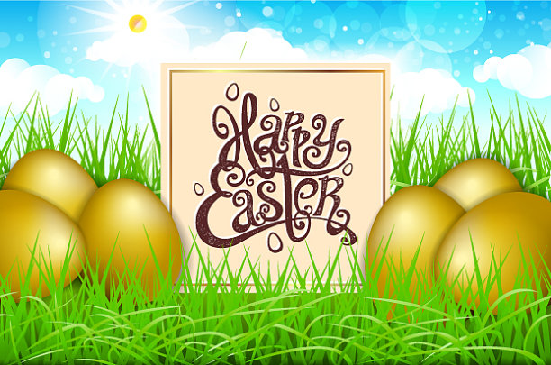 金色的金蛋在蓝色的草地上图片下载