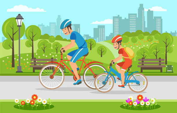 卡通爸爸和儿子在公园里骑自行车图片下载