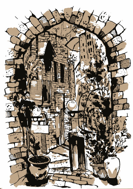 手绘的旧街道水彩图片下载