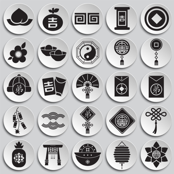 与中国新年相关的图标设置在盘子上图片下载