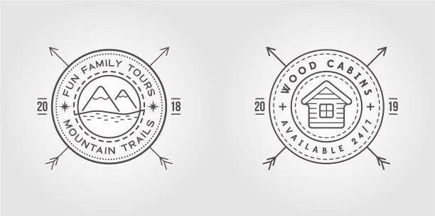 一套复古标志与木制小屋山图片下载