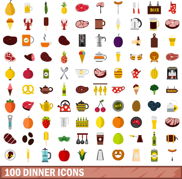 100晚餐图标设置扁平风格图片下载
