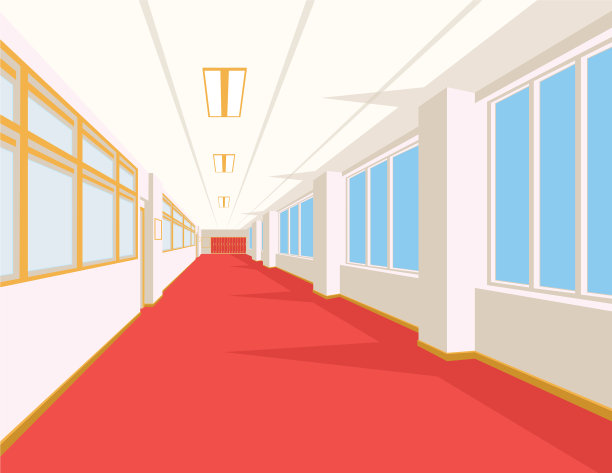学校大厅内部有红色的落地窗图片下载