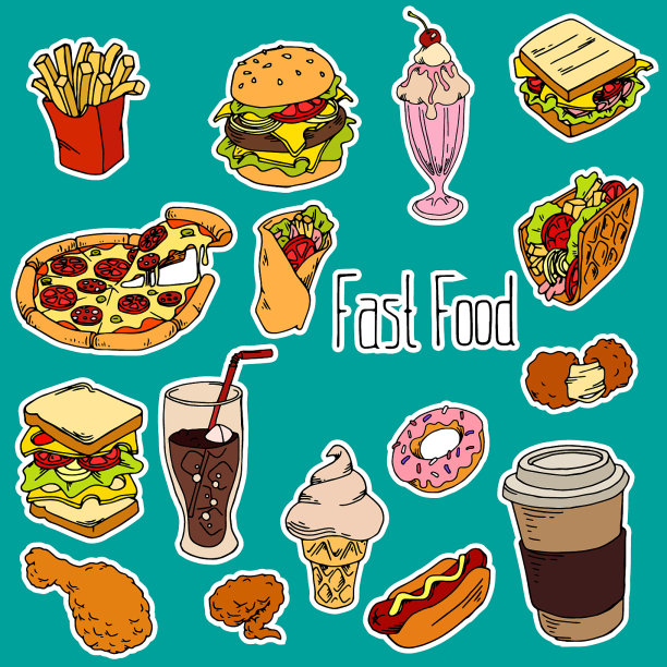 快餐贴纸设置在蓝色背景图片下载