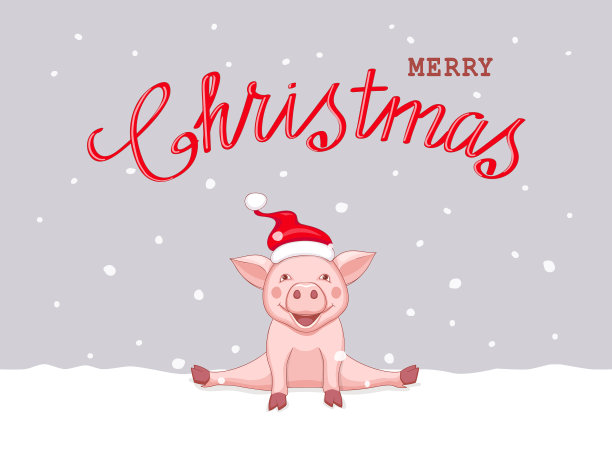 圣诞贺卡和坐在雪地上的粉红色小猪图片下载