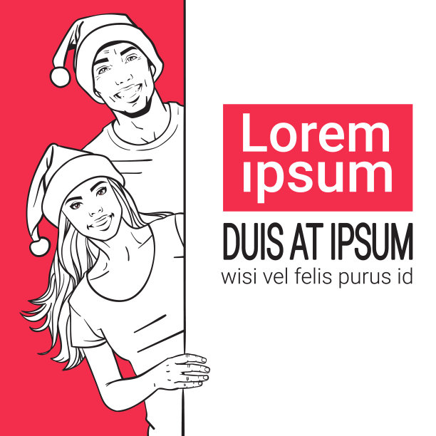 素描夫妇戴着圣诞老人的帽子举着旗帜图片下载