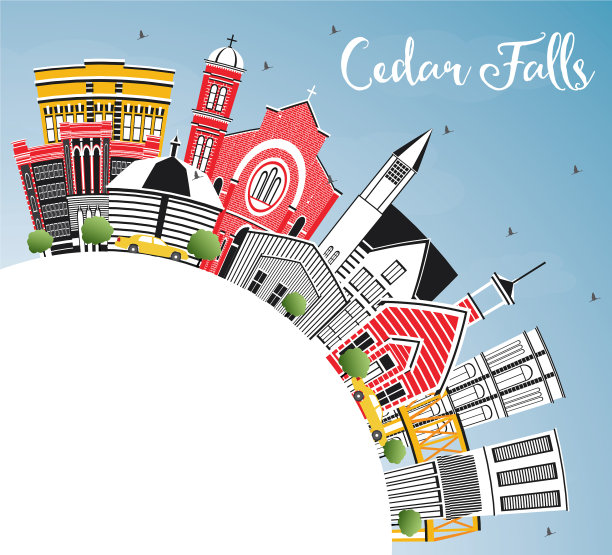 雪松落在爱荷华州的天际线与彩色建筑图片下载