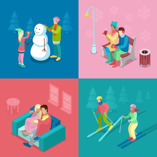 等距冬季人们滑雪夫妇和雪人图片下载