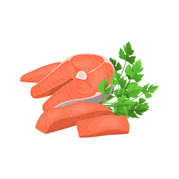 卡通牛排，三文鱼片和生的绿色图片下载
