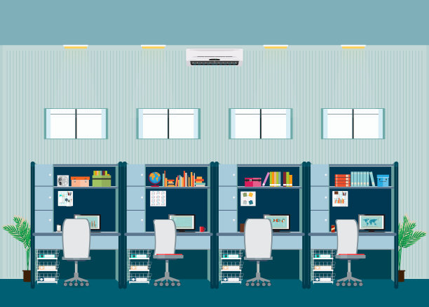 现代化的办公室内饰，配有办公桌图片下载