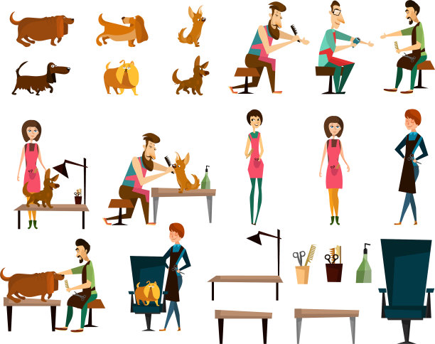 理发师宠物美容沙龙平面图标设置图片下载