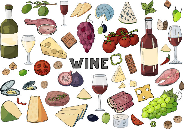 Bid手绘set with wine不同的奶酪图片下载