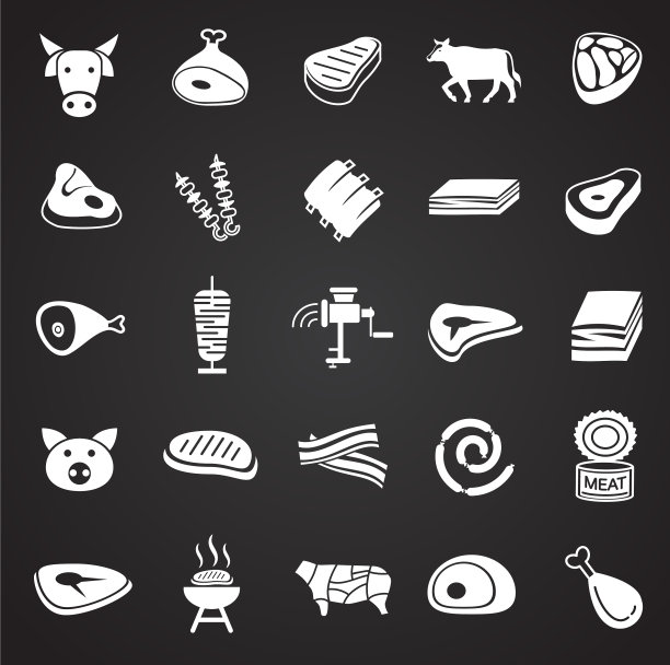 肉类图标设置在黑色背景的图形和图片下载