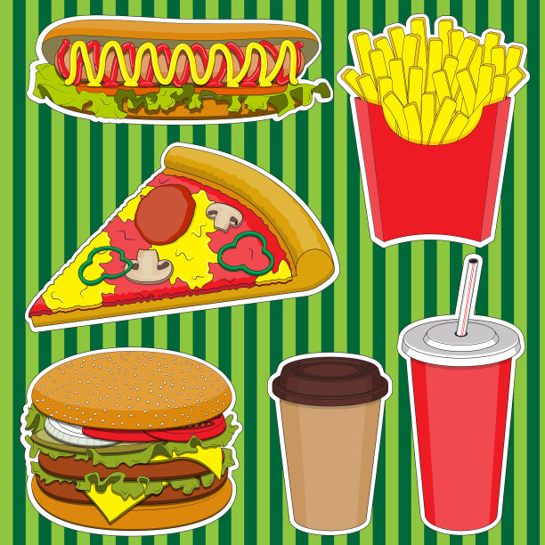 设热狗，汉堡，薯条，喝咖啡图片下载