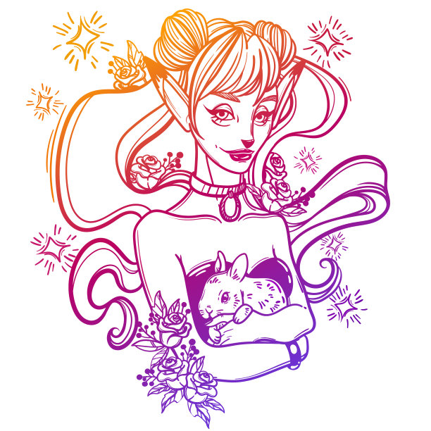 可爱的艺术卡片与一个狐狸女孩和她的宠物图片下载