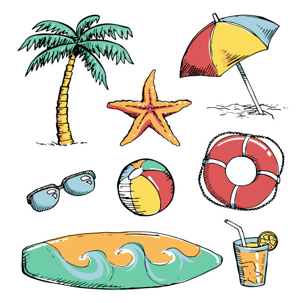 一套鲜艳的夏日涂鸦贴纸手绘图片下载